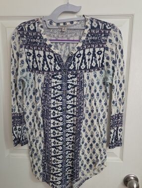 Lucky Brand Cream and Navy Printed Peasant Tunic